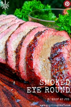 sliced beef on a cutting board with parsley in the background and text overlay