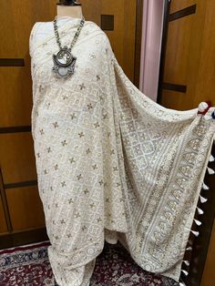 Pure gorgette handwork Gottapatti chikankari Saree Wid blouse piece  Prebooking 15 days approximate Luxury Chikankari Embroidery Saree For Navratri, Cream Georgette Pre-draped Saree With Dupatta, Traditional Off White Chanderi Pre-draped Saree, Diwali Pre-draped Saree With Chikankari Embroidery In Chinon, Cream Saree For Navratri Festival, Traditional Unstitched Off White Saree, Traditional Cream Saree Blouse Piece, Traditional Pre-draped Georgette Saree With Zari Work, Bollywood Style Cream Saree With Cutdana