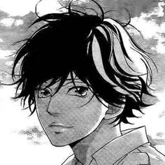 an anime character with black hair and glasses on his head, looking at the camera