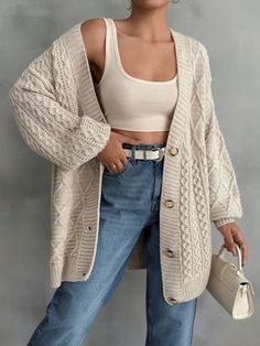 Women Cable Knit Detailed Long Cardigan Beige Casual  Long Sleeve Knitwear Plain  Non-Stretch  Women Clothing, size features are:Bust: ,Length: ,Sleeve Length: Casual Knitted Sweater Coat For Fall, Casual Knit Sweater Coat For Fall, Casual Knitted Outerwear For Fall, Casual Knitted Fall Outerwear, Long Sleeve Acrylic Cable Knit Cardigan, Casual Knitted Sweater Coat, Trendy Beige Knit Cardigan, Oversized Long-sleeve Knit Cardigan, Oversized Long Sleeve Knit Cardigan