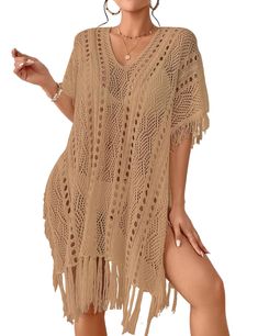 PRICES MAY VARY. One Size: Stylish crochet cover ups for women, fits US size S, M, L, XL Bust: 58" Length: 30"(Excluding tassel) Soft Material: Made from a skin-friendly and lightweight knit fabric, this crochet swim cover up is perfect for hot summer days at the beach or pool Stylish Details: The knit cover up features v neck and a flowing silhouette with tassel sleeves and hem, making it a chic and exquisite addition to your swimwear collection Easy to Wear: With its side split and loose fit d