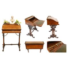 an assortment of antique furniture including a desk, side table and end tables with drawers