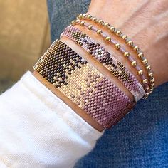 Bands: Flat woven beaded bracelet band; 1/4"w; glass seed beads; 14K yellow gold-filled clasp & 1" extender chain. Great solo or stacked. Bracelet Size Guide Handmade Rose Gold Beaded Bracelets For Everyday, Adjustable Handwoven Heishi Beads Jewelry, Arrow Pattern, Ombre Fashion, Mauve Purple, Seed Bead Bracelet, Pink Mauve, Matte Metallic, Miyuki Beads