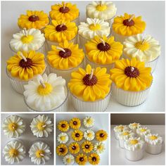 cupcakes decorated with yellow and white flowers are shown in different stages of being made