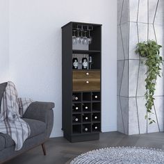 a living room with a couch, chair and wine rack in front of the wall