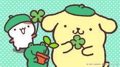 an animal with a shamrock in its mouth next to another animal holding a leafy plant