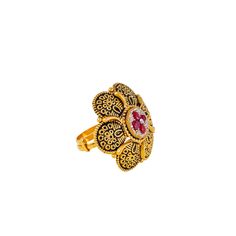 Adorn your hand with the timeless elegance of this 22k antique gold cocktail ring by Virani Jewelers. Featuring traditional details and colorful rubies, this gold ring exudes sophistication and charm. Elevate your ensemble with the allure of fine gold jewelry and make a statement of refined taste with this exquisite antique gold ring.Features• 22k yellow gold• Cubic zirconia • Ruby • Antique finishSpecifications:• Minimum Width - 1.85 millimeters• Maximum Width - 28 millimeters• Length - 1 inch• Gold Ruby Rings With Intricate Design, Traditional Ruby Ring In Yellow Gold, Yellow Gold Ruby Ring With Intricate Design, Traditional Yellow Gold Ruby Ring, Elegant Ruby Ring For Festive Occasions, Traditional Hallmarked Ruby Ring, Traditional Yellow Gold Ruby Ring With Gemstone, 22k Yellow Gold Ruby Ring For Wedding, Yellow Gold 22k Ruby Wedding Ring