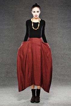 Red Linen Maxi Skirt Long Length with Asymmetrical Hemline Red Maxi Skirt With Pockets For Spring, Flowy Red Maxi Skirt With Pockets, Red Flowy Maxi Skirt With Pockets, Casual Red Bottoms With Asymmetrical Hem, Linen Maxi Skirt, Historical Clothes, Rock Outfit, Winter Beauty, Skirt Long