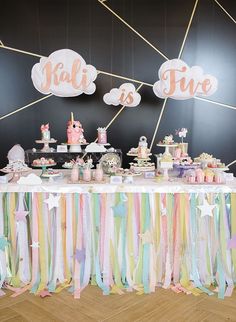 a table topped with lots of cakes and desserts