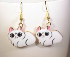 Loafing Kitty Earrings Dangle Hanging Cat Earrings Gift for - Etsy White Cat Design Jewelry With Cat Ears, White Cat Design Earrings For Gift, White Cat Design Earrings As A Gift, White Cat Design Earrings As Gift, Cute Cat Design Drop Earrings, Novelty White Cat Design Jewelry, Cat Charm, Hanging Earrings, Cat Earrings