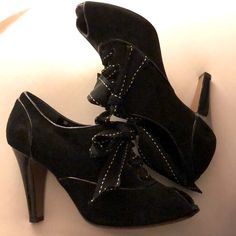 These Hollywood Glam Heels Were Bought On A Trip To La And Worn Once. Practically New. Soft Black Suede Leather With Leather Soles And Patent Leather Piping Details That Give Them A Forties Vibe. They Have Grosgrain Ribbons With Contrast White Stitches. Truly Beautiful. I Think They Were About $800. Someone Should Wear Them. Fitted Lace-up Formal Heels, Formal Fitted Lace-up Heels, Formal Ankle-high Heels With Heel Tab, Lace-up Heels With Leather Sole For Formal Occasions, Fitted Lace-up Heels With Leather Sole, Formal Lace-up Heels With Leather Sole, Formal 4-inch Lace-up Heels, Vintage Ankle-high Fitted Heels, Elegant Suede Lace-up Heels