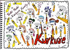 a drawing of various objects and words on a white sheet with the word kurige written in red