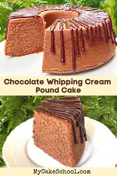 chocolate whiping cream pound cake on a white plate