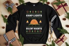 Get into the holiday spirit with our Camping Ugly Christmas Sweater, a hilarious and festive choice for outdoor enthusiasts! This cozy sweatshirt or t-shirt, available for both men and women, features a unique design perfect for National Park lovers, making it the ideal gift for those who embrace the great outdoors during the holiday season. Take your pick, this design on a classic Bella and Canvas 3001 unisex t-shirt or our comfy and soft Gildan sweatshirt. Please review our size charts for all Winter Crew Neck T-shirt For Outdoor, Winter Camping Graphic Print Tops, Christmas Sweater Funny, Ugly Christmas Shirts, Hiker Gifts, Ugly Christmas Sweater Funny, Christmas Tshirt, Sweatshirt For Men, Gildan Sweatshirts