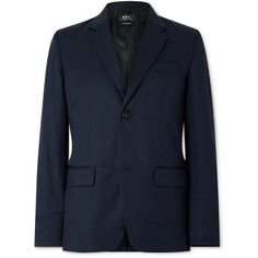 A.P.C. takes a minimalist approach when designing, so its tailoring is clean-lined and classic. This 'Harry' suit jacket is cut from wool with high notch lapels and a single vent. The darting at the middle gently tapers the shape. Modern Business Blazer With Suit Collar, Modern Wool Suits For Work, Modern Suits With Concealed Placket, Modern Office Suit With Concealed Placket, Sleek Business Blazer In Suiting Fabric, Sleek Blazer With Structured Boning For Business, Modern Wool Business Suits, Modern Wool Suits For Business, Modern Single-breasted Wool Suit