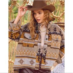 Super Unique And One-Of-A-Kind Fashionable Bohemian Aztec Button-Down Oversize Jacket! Made Out Of A Lightweight Soft Fabric That Will Keep You Warm During Those Fall/Winter Days. Featuring A Vintage Distressed Detailing Throughout, Collared Neckline, Patch Pockets With Flap, Button-Down Closure, And High-Low Hem. The Boxy, Cropped Bodice Ends In A Distressed, Raw Hem That Wraps Around To A Concave. Model Is 5'8 Wearing A Small Fabric 100% Polyester Bohemian Winter Outerwear With Button Closure, Bohemian Tops With Pockets For Fall, Bohemian Button-up Outerwear With Buttons, Bohemian Fall Outerwear With Buttons, Aztec Shacket, Boho Autumn, Aztec Jacket, Autumn Girl, Aztec Cardigan