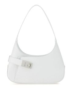 white calf leather palladium-tone hardware Gancini buckle tonal stitching top zip fastening single shoulder strap main compartment internal card slots internal logo stamp front patch pocket leather lining Ferragamo Shoulder Bag, Hollywood Arts, Blue Spirit, Ferragamo Bag, Chris Martin, Boot Jewelry, Demi Fine Jewelry, Van Cleef Arpels, Logo Stamp