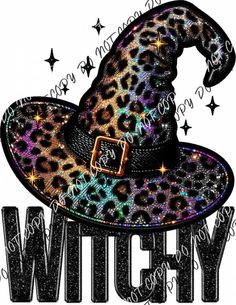 a witch hat with leopard print on it and stars in the sky behind it,