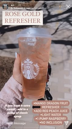 a person holding up a starbucks cup with information about the drink and price label on it