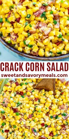 corn salad with bacon and parsley in a bowl on a blue background, the same side dish