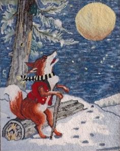 a painting of a fox on a log with the moon in the sky behind it