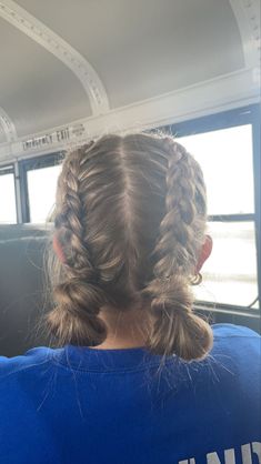 Meet Day Hairstyles, French Braid Space Buns Low, Volleyball Hairstyles Pigtails, Fnl Hairstyles, Track And Field Hairstyles, Hairstyles With Two Braids, Hair Styles For Swimming, Gameday Hair, Game Day Hairstyles