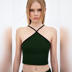 Nwt. No Visible Flaws. Halter Style. Knit. Cropped Length. Black And Green. Size. M/L. Measurements Upon Request. Open To Reasonable Offers. Black Jacquard Knit Top For Spring, Fitted Green Jacquard Knit Top, Textured Pants, Jacquard Top, Jacquard Knit, Halter Style, Zara United States, Drawstring Waistband, Zara Tops