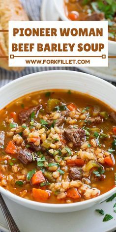 a bowl of beef barley soup with bread in the background and text overlay that reads pfoener woman beef barley soup