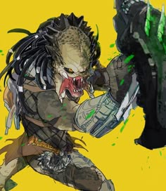 an image of a predator character with green paint splattered on his face and mouth