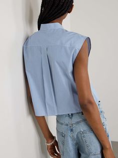 HELMUT LANG Pintucked embroidered striped cotton-poplin shirt Blue Poplin Tops For Workwear, Blue Poplin Tops For Work, Spring Blue Poplin Shirt, Spring Collared Poplin Top, Flat Dress Shoes, Dress Flats, Cotton Poplin Shirt, A Stand, Poplin Shirt