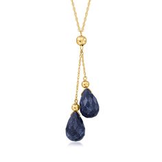 Ross-Simons - 10.00ct t. w. Sapphire Double-Drop Necklace in 14kt Yellow Gold. 18". We love a simple design that still makes a statement! Our double-drop necklace features a pair of 10.00 ct. t. w. pear-shaped sapphire briolette gems that suspend from a classic 14kt yellow gold rope chain. Springring clasp, sapphire double-drop necklace. Sapphire birthstones are the perfect gift for September birthdays. Formal Faceted Briolette Necklaces, Formal Briolette Faceted Necklace, Formal Drop Necklaces With Polished Finish, Yellow Gold Briolette Gemstone Drop Necklace, Faceted Briolette Yellow Gold Jewelry, Formal Teardrop Pendant Necklace With Faceted Detail, Faceted Briolette Jewelry For Formal Occasions, 14k Gold Drop Jewelry With Adjustable Chain, Formal Faceted Teardrop Pendant Necklace