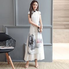 Women Chinese Traditional Hanfu Landscape Painting Cheongsam White Dance Dress Qipao Chiffon Robe Summer White Cheongsam With Stand Collar, White Summer Cheongsam With Stand Collar, Traditional White Summer Cheongsam, Traditional White Cheongsam For Summer, Traditional Summer Cheongsam With Stand Collar, Summer Wedding Ao Dai With Stand Collar, White Dance Dress, White Cheongsam, Chinese Style Dress