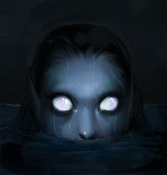 a woman with glowing eyes floating in the water at night, staring into the camera