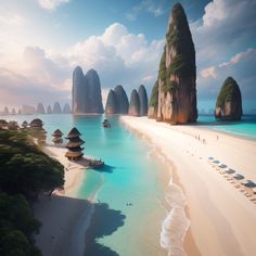 an aerial view of the beach with many huts and umbrellas in the water, surrounded by tall rock formations