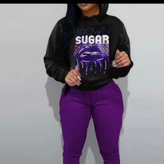 2pc, With Hood, Jogger Style Bottoms Without Pockets, Size Xl,Brown Sugar On The Hoodie, Very Little Stretch Casual Stretch Purple Hoodie, Casual Purple Stretch Hoodie, Trendy Purple Hooded Top, Trendy Purple Hoodie With Letter Print, Purple Stretch Hooded Top, Trendy Purple Hoodie With Graphic Print, Fashion Joggers, Purple Black, Purple And Black