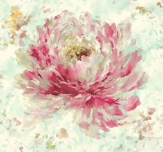 a large pink flower is in the middle of a blue and white background with gold accents