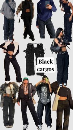 Check out freyakles's Shuffles #black #cargopants #cargos #fashion #fashioninspo #outfitinspo #clothes #fashionboard #outfit #inspo Cargos And Vest Outfit, Black Cargo Pants Party Outfit, Outfit Inspirations Cargo Pants, Cute Outfits Black Cargo Pants, Black Cargo Styling, Cargo Pants Ootd Women, How To Wear Black Cargo Pants, Things To Wear With Black Cargo Pants, Black And Beige Aesthetic Outfit