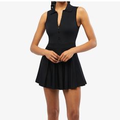 Nwt Weworewhat Tennis Dress Black Size L Built In Shorts Collar Zip Front Pleated Black Tennis Dress, White Tennis Dress, Square Neckline Dress, Cowl Dress, Collared Shirt Dress, Satin Long Sleeve, Maxi Slip Dress, Feather Dress, Halter Mini Dress