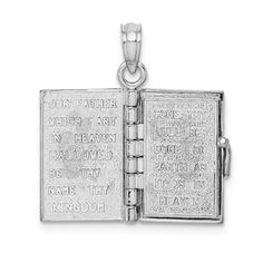 Rhodium over 14k white gold Lord's prayer Bible pendant. Measures approximately 7/8"L x 7/16"W and has a 5mm bail. Prayer Bible, Lord's Prayer, Pendant Bails, The Lords Prayer, Gold Material, Ring Size, Bible, White Gold, Pendant