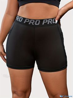 Orcajump - Plus Size Sports Shorts, Women's Plus Letter Tape Pipping High Rise High Stretch Shorts Breathable Short Jogging Bottoms, Breathable Short Bottoms For Jogging, Athleisure Sports Pants, Short Length, Athleisure Sports Pants Short Length, Sporty Gym Pants Short Length, Sporty Short Pants For Workout, Athleisure Short Length Sports Pants, Sporty Short Workout Pants, Athleisure Short-length Sports Pants