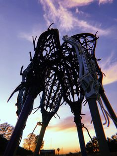 the sculpture is made out of metal and has many branches attached to it, while the sun sets in the background