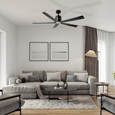 a living room with two couches and a ceiling fan in the middle of it