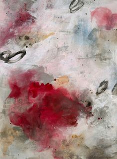 an abstract painting with red and grey colors