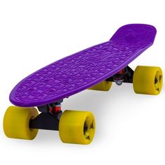 a purple skateboard with yellow wheels on a white background