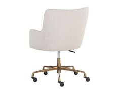 an office chair with wheels and a white upholstered seat, viewed from the front