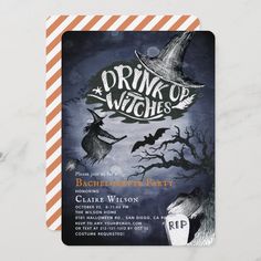 a halloween party flyer with witches and bats