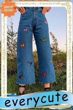 Butterfly Embroidery Wide Leg Jeans Trendy Embroidered Cotton Pants, Casual Bottoms With Butterfly Embroidery For Spring, Blue Embroidered Spring Pants, Trendy Embroidered Pants For Fall, Trendy Floral Embroidered Bottoms For Fall, Trendy Embroidered Fall Jeans, Embroidered Cotton Bottoms For Fall, Blue Floral Embroidery Bottoms For Fall, Fall Blue Bottoms With Floral Embroidery