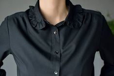 Frill-collared Cotton Shirt in Black | Etsy Black Ruffled Collar Top, Elegant Fall Blouse With Striped Collar, Collared Black Blouse With Buttons, Black Shirt With Collared Neckline, Black Shirt With Collared Neckline And Placket, Chic Black Shirt With Collared Neckline, Black Shirt With Striped Collar, Chic Black Ruffled Shirt, Black Collared Shirt With Buttons