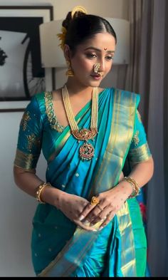 Wedding Nauvari Look, Pastel Sarees For Engagement, Blue Nauvari Saree Brides, Marathi Sadi Look Simple, Maharashtrian Nauvari Look, Marathi Paithani Look, Coffee Colour Saree, Marathi Dress, Maharashtrian Jewellery Traditional