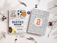 two children's sports themed books on a table with pine cones and dried plants